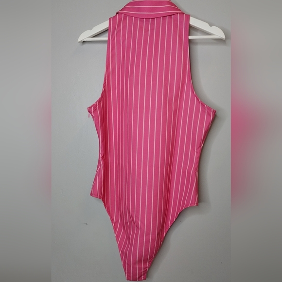 Zara Womens Size Large Stretch Striped Bodysuit Pink Tennis Prep Spring - Picture 8 of 14